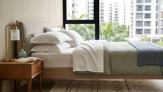 Percale cotton bedsheets on a neutral bed in a bright Singapore bedroom with warm wood bedside furniture.