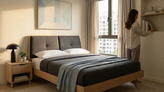 Couple arranging a wooden bed frame with grey headboard in a compact three-room HDB bedroom furnished with neutral Esteller furniture