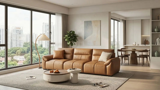 Tan leather three-seater sofa in an open-plan Singapore HDB living room with dining area, large windows, and warm neutral styling