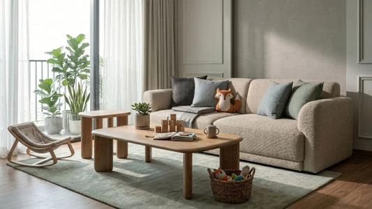 Toddler-friendly living room with rounded wooden coffee table, soft fabric sofa, toy basket, and calm neutral styling for a young family home.