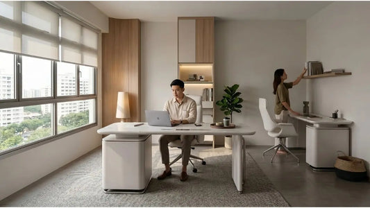 Two-person study area with white desks, storage shelves and natural light in a shared HDB-style room