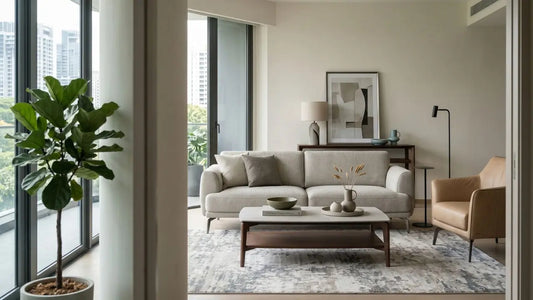 Understated European living room in a Singapore condo with neutral sofa, wooden coffee table, armchair, and balcony view
