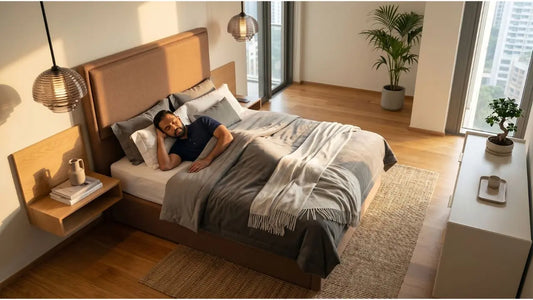 Man resting on an upholstered bed in a compact studio apartment with warm lighting and space-saving furniture layout