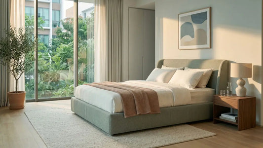 Upholstered bed frame in a bright Singapore bedroom with soft curtains, wooden nightstand, indoor plant, and warm natural light.