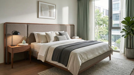 Upholstered bed frame with wooden trim in a bright Singapore bedroom with natural light and greenery
