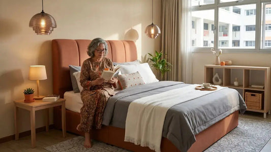 Upholstered bed frame in a modern Singapore HDB bedroom with a homeowner reading beside warm bedside lighting
