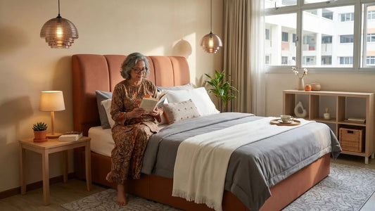 Upholstered bed frame in a modern Singapore HDB bedroom with a homeowner reading beside warm bedside lighting