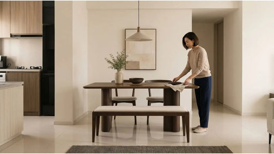 Upholstered dining bench and matching chairs with a wooden dining table in an HDB dining room