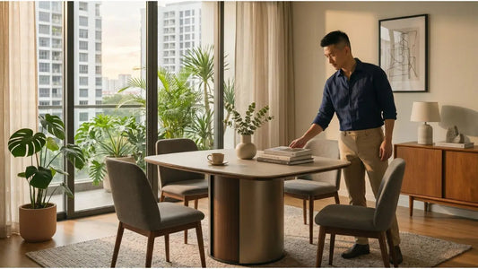 Upholstered dining chairs with wooden legs around a modern dining table in a bright condo