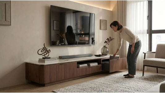 Woman opening storage drawer on a wide TV console beneath a large wall-mounted television