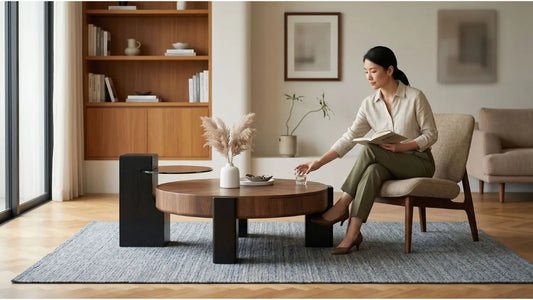Woman reading beside a walnut coffee table, warm wood shelving and grey rug showing how to mix wood tones without clashing