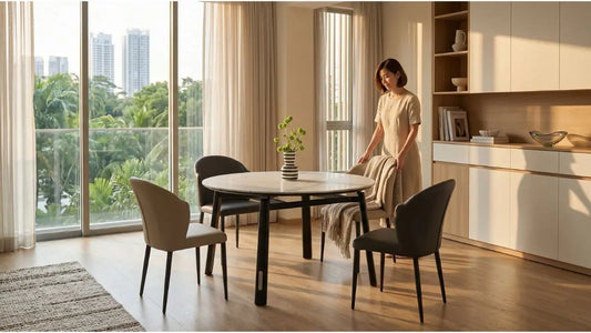 Woman styling mixed dining chairs with a round dining table in a warm apartment dining room