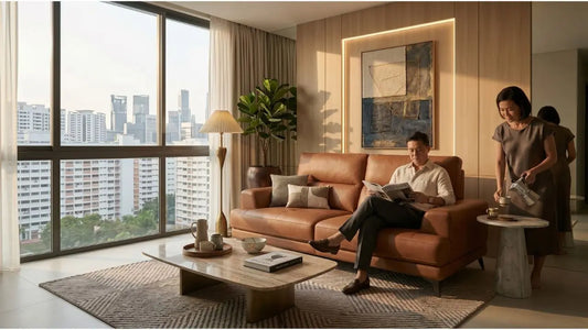 Warm leather sofa in a Singapore living room showing Italian-style balance of light, materials and proportion