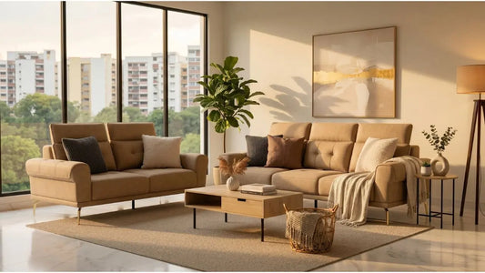 Warm minimalist living room with tan sofas, textured rug, timber coffee table, soft lighting, and natural greenery in a Singapore condo