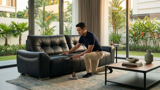 Person wiping a black sofa bed in a bright Singapore home as part of a weekly sofa bed care routine.