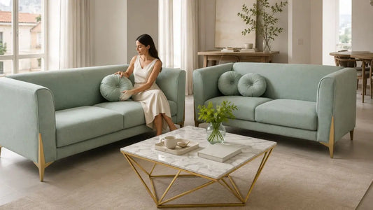 Mint green sofa set with marble coffee table in a refined living room, showing clean upholstery lines and quality furniture details.
