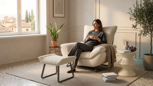 Woman relaxing on a cream lounge chair with supportive cushioning, durable frame, and refined upholstery stitching
