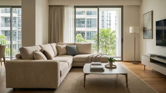 Well-scaled beige L-shaped sofa in a Singapore condominium living room with balcony view, coffee table, TV console, and soft neutral styling.
