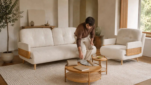 Italian-inspired living room with cream sofa, armchair, and fabric samples for a furniture showroom visit