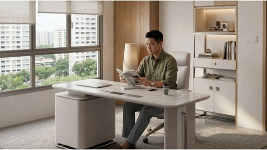 Man reading at a white desk in a modern HDB workspace, showing practical desk dimensions for daily work from home
