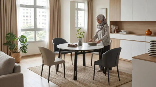 White extendable dining table with black legs and dining chairs in an open-plan HDB home