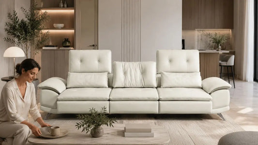 White leather sofa in an Italian-inspired apartment for furnishing a Singapore home on a two-year posting