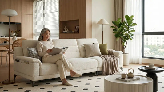 White sofa styled with layered cushions and a soft throw in a modern Singapore HDB living room