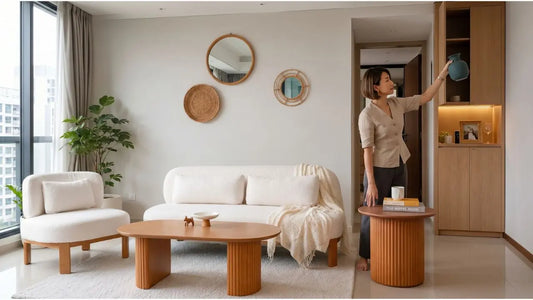 White sofa and lounge chair in a bright living room with wooden tables, styled to compare furniture materials and finishes