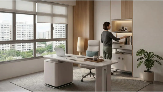 White standing desk with laptop in a modern Singapore study room, styled for flexible work and organised storage