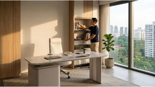 Man arranging books beside a white study desk in a Singapore home office with natural light and storage
