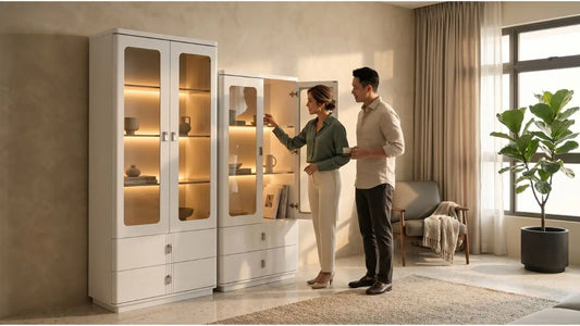 Couple arranging things in white tall storage cabinets with glass doors in a bright Singapore home
