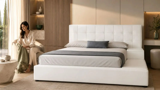 White upholstered bed with built-in wardrobes and warm Italian-inspired bedroom finishes