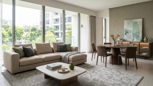 Open-plan Singapore condo living and dining room with beige sofa, coffee table, round dining set, sideboard and soft neutral furnishings.
