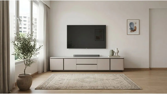 Wall-mounted TV above a wide low TV console in a bright modern Singapore living room