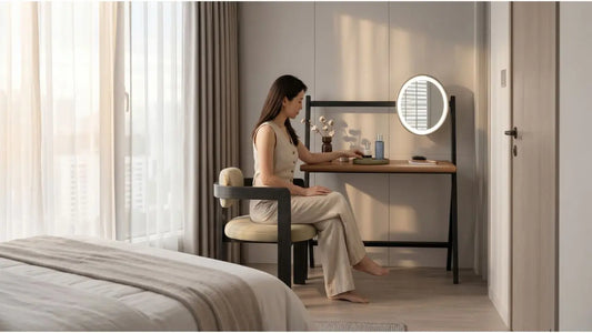 Woman using a compact dressing table with round lighted mirror in a small modern bedroom