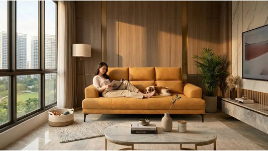 Woman relaxing on a mustard sofa with a dog in a Singapore living room with large windows and warm wood finishes