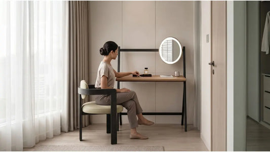 Woman using a dressing table with side mirror lighting in a calm Singapore bedroom setup