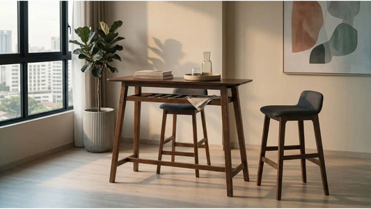 Wooden bar table with counter-height stools in a modern Singapore condo, showing stylish seating for kitchen and dining spaces