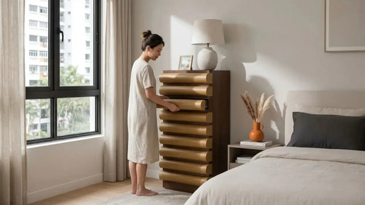 Woman opening a wooden chest of drawers in a bright HDB bedroom with soft natural light