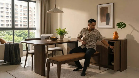 Man sitting on a wooden dining bench beside a dining table in a compact Singapore HDB dining area