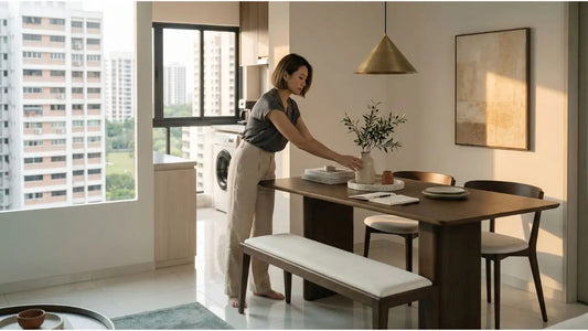 Woman styling a wooden dining table with bench in a bright HDB-style dining area, showing warm wood furniture and clean design