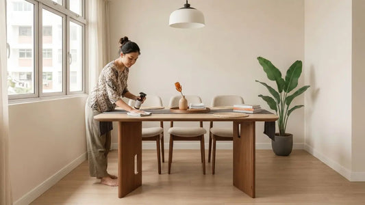 Wooden dining table being cleaned in a modern HDB dining area with cream chairs