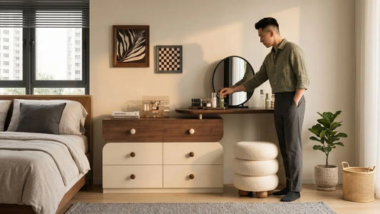 Wooden dressing table with storage drawers and round mirror beside a bed in an HDB bedroom