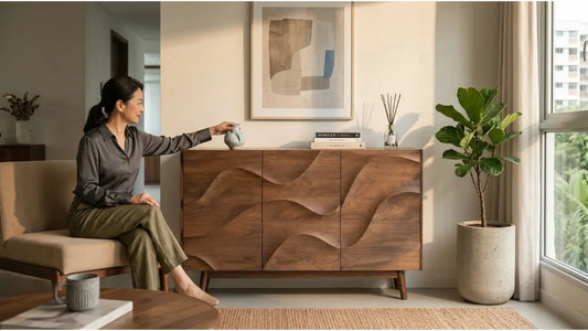 Wooden sideboard with styled decor, wall art and plant in a bright Singapore living room