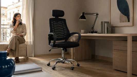 Ergonomic black mesh office chair in an Italian-inspired home office, styled for comfortable work-from-home furniture planning.