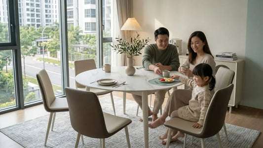 Young family seated at a rounded white dining table in a bright Singapore condo dining area