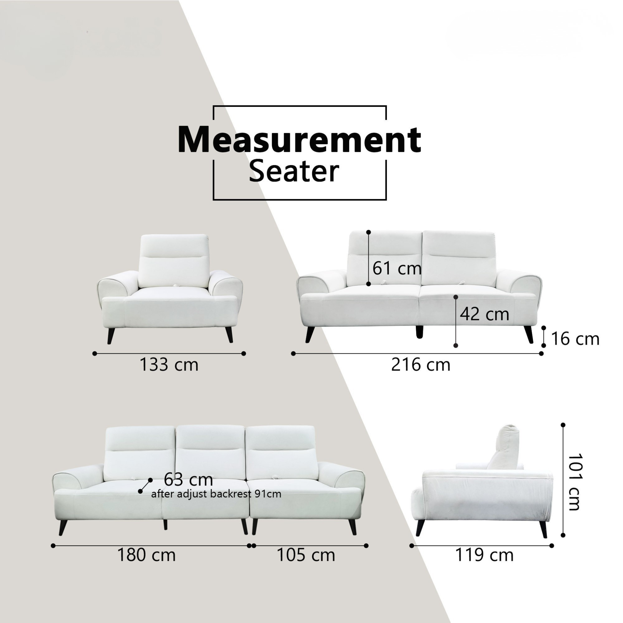 Brylor Fabric Adjustable Backrest Sofa (Pet Friendly & Easy Clean)