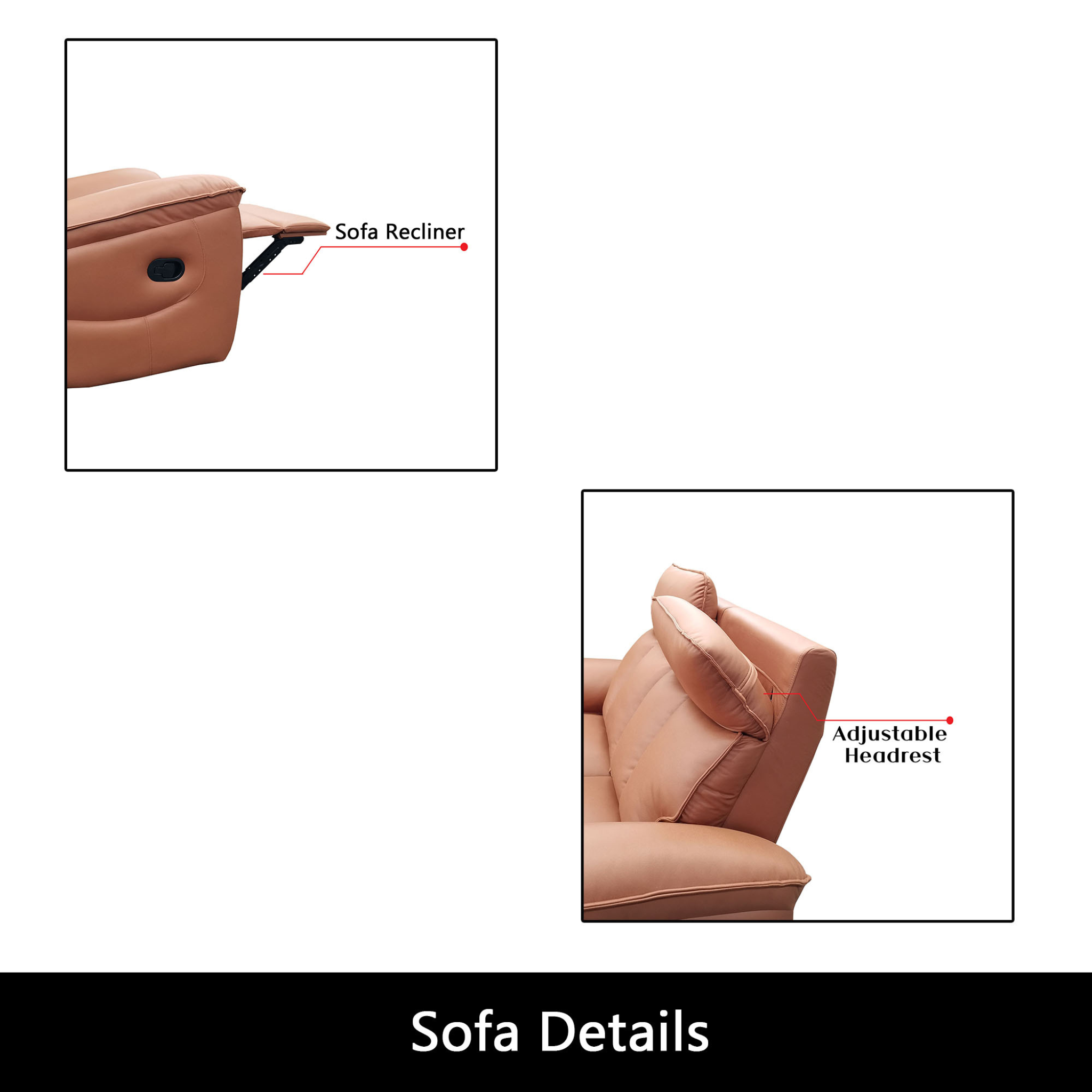 Lorven Genuine Leather Adjustable Headrest Recliner Sofa