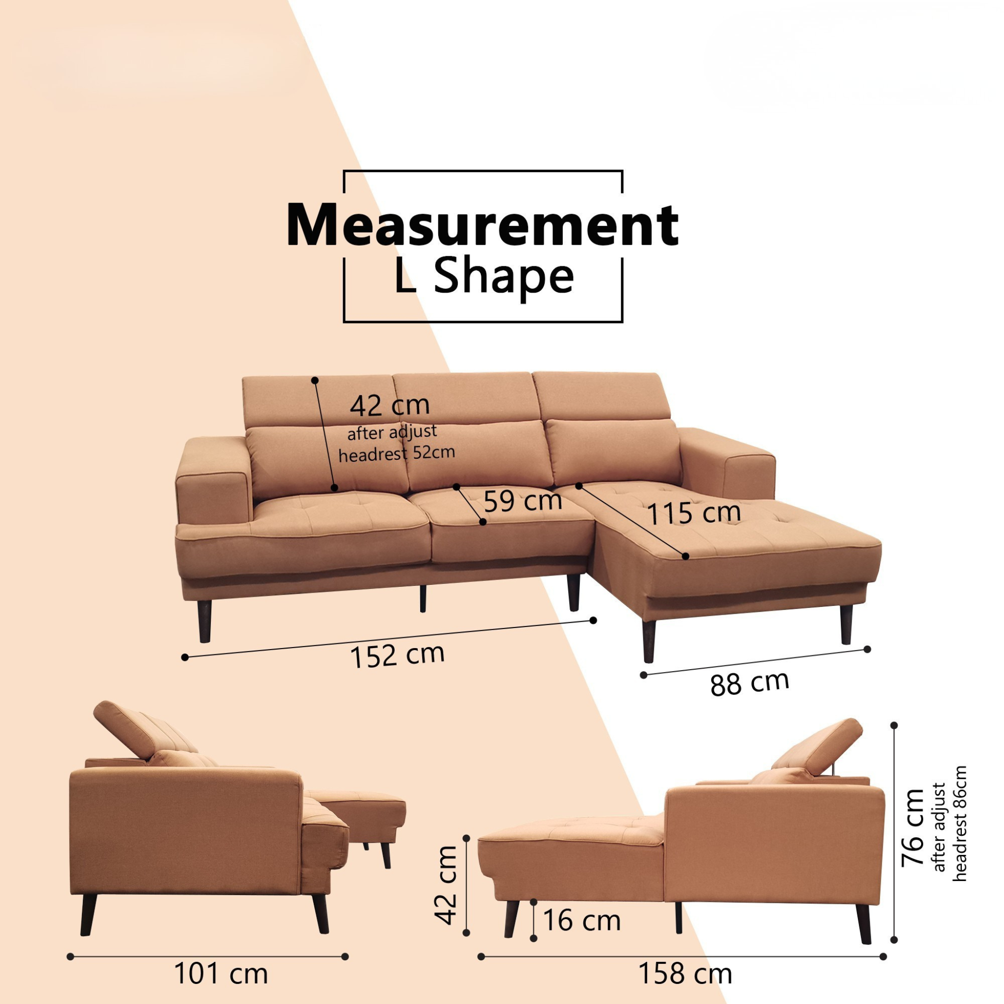 Moryn Fabric L-Shaped Adjustable Headrest Sofa (Pet Friendly & Easy Clean)
