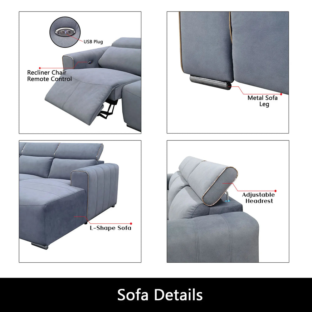Orynth Fabric Adjustable Headrest Recliner L-Shaped Sofa (Pet Friendly & Easy Clean) - Esteller